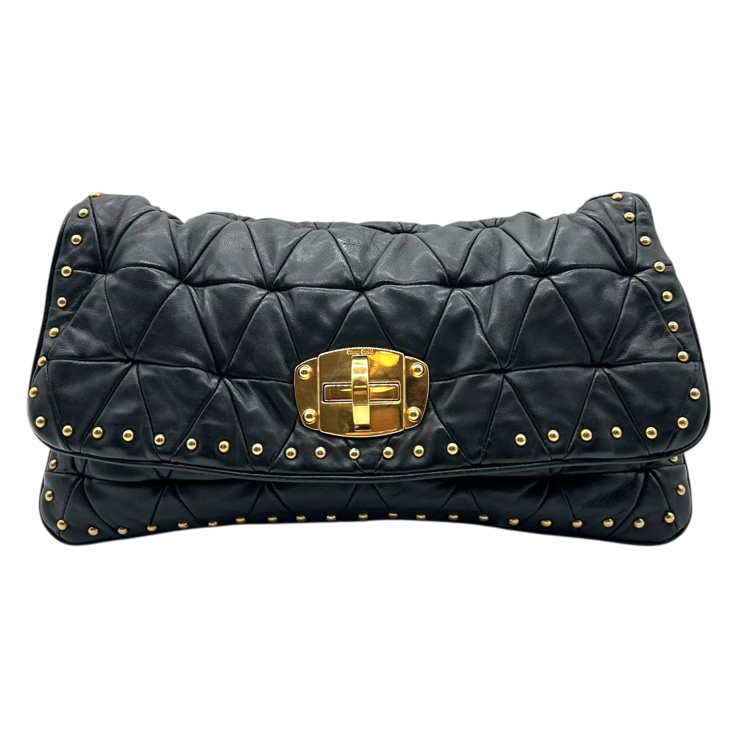 Miu Miu Black Leather & Gold Studs Quilted 2-Way Shoulder Clutch Bag - Outfit Repeater