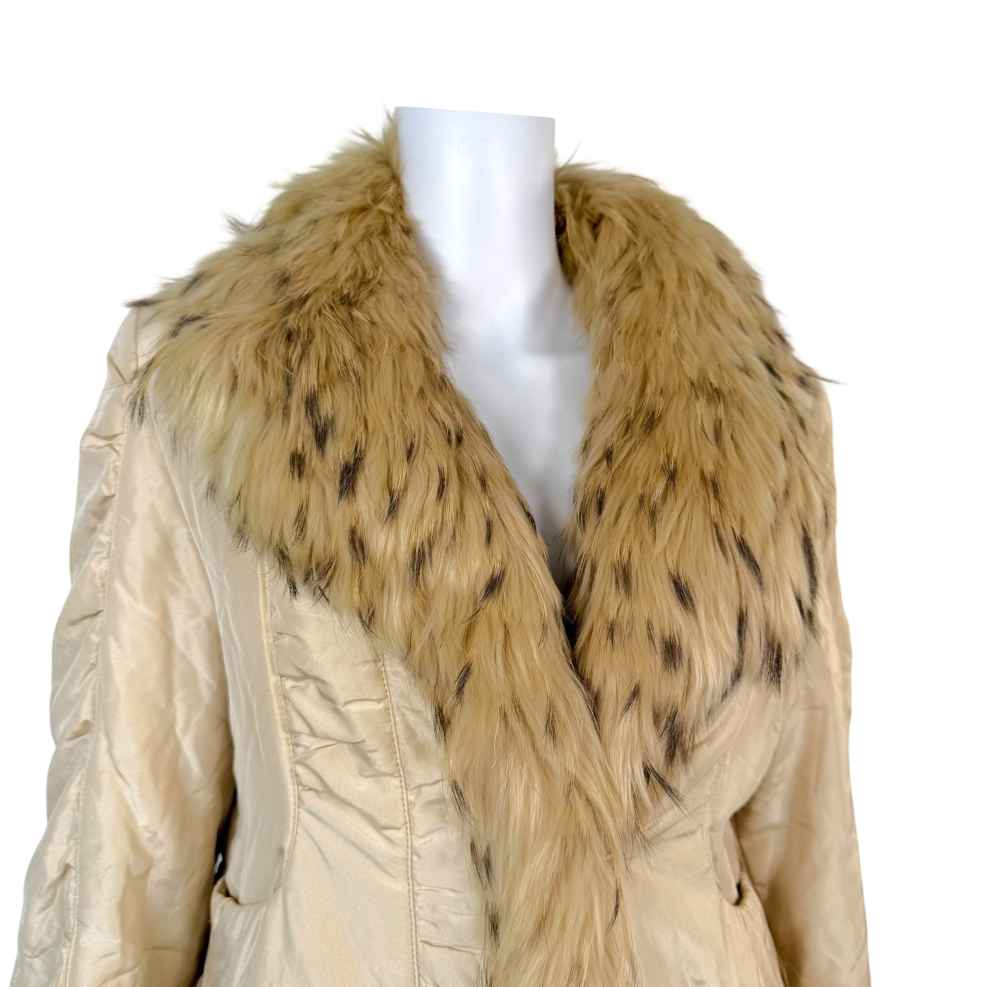 Balmain Ivory Silk Coyote Fur Coat Tailored Fit 1990s