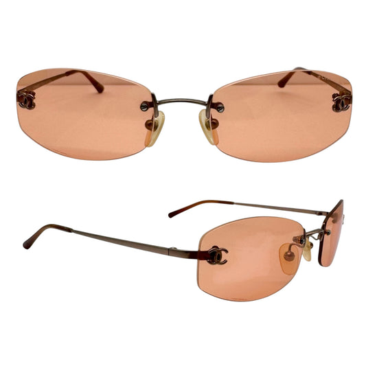 Chanel Rimless Oval Sunglasses Orange Silver Logo