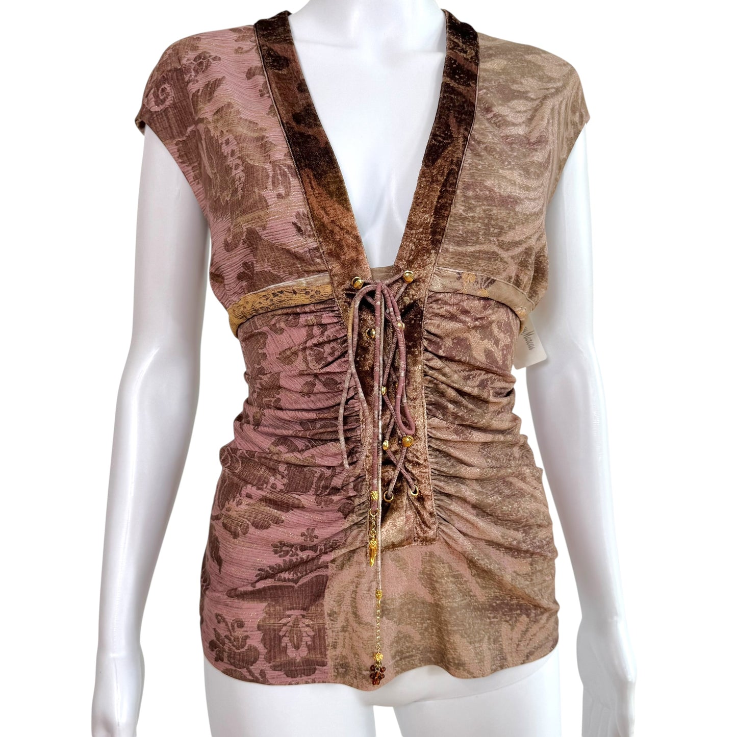 Roberto Cavalli 2005 Purple Metallic Damask Print Lace Up Sleeveless Top NEW