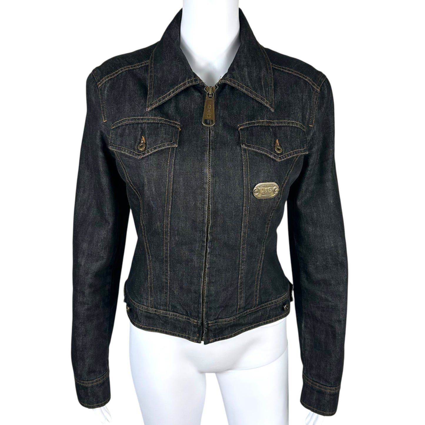 D&G Dolce & Gabbana Plaid Lined Cropped Dark Denim Jacket