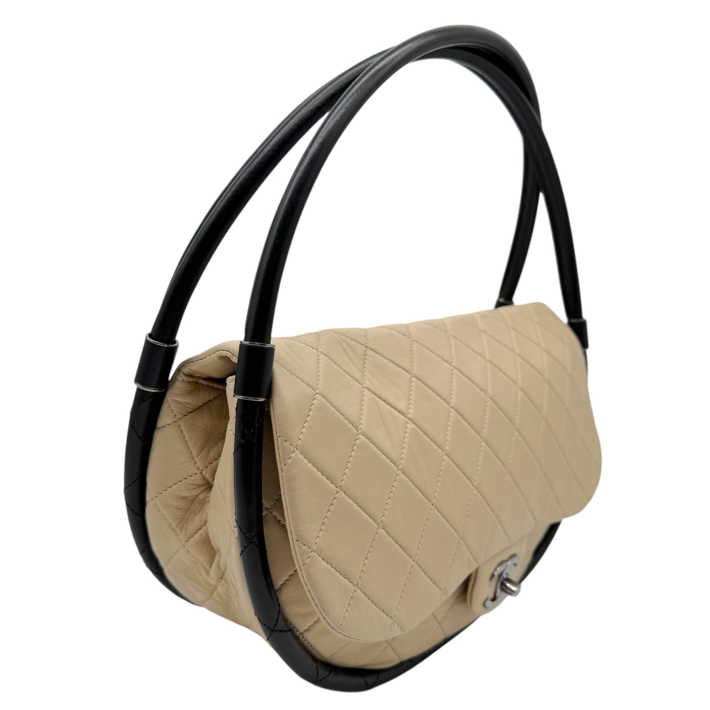Chanel Beige & Black Matelasse Medium Hula Hoop Flap Bag
