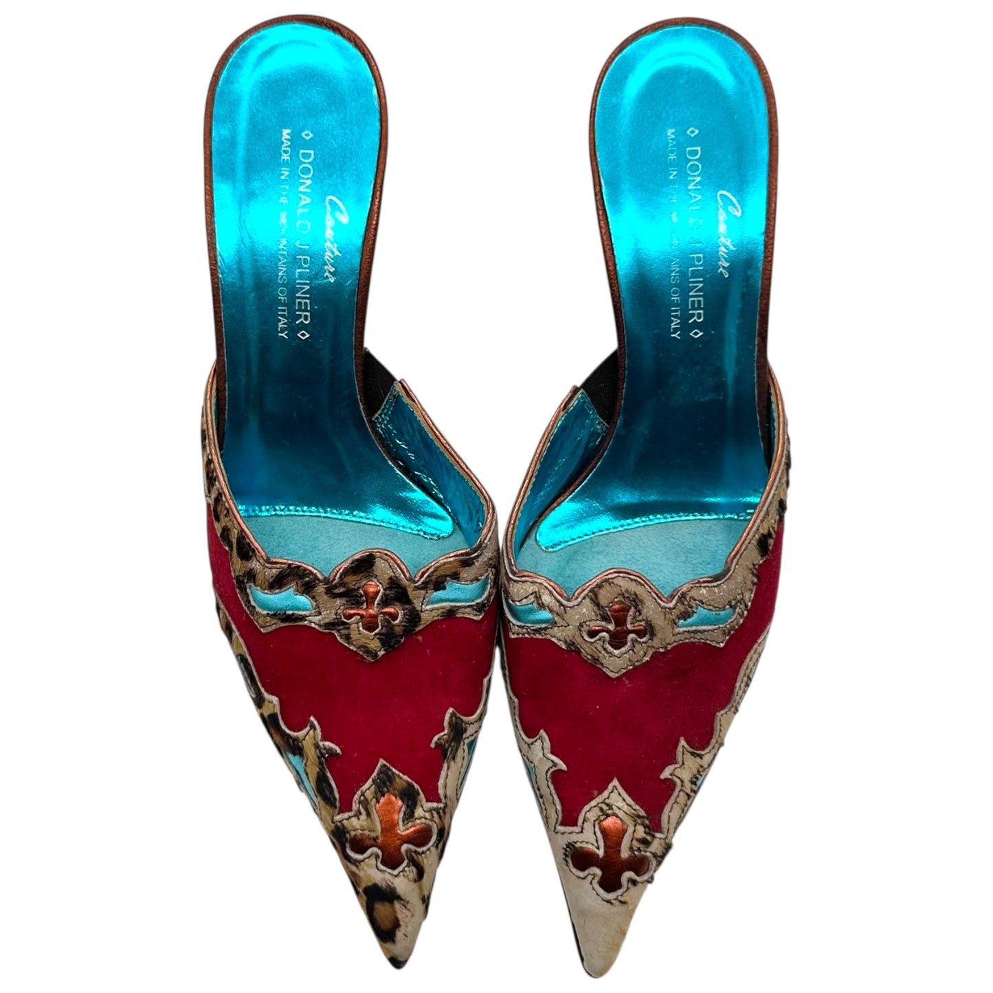 Donald Pliner Couture Red Suede Leopard Ponyhair Trim Mule Heels