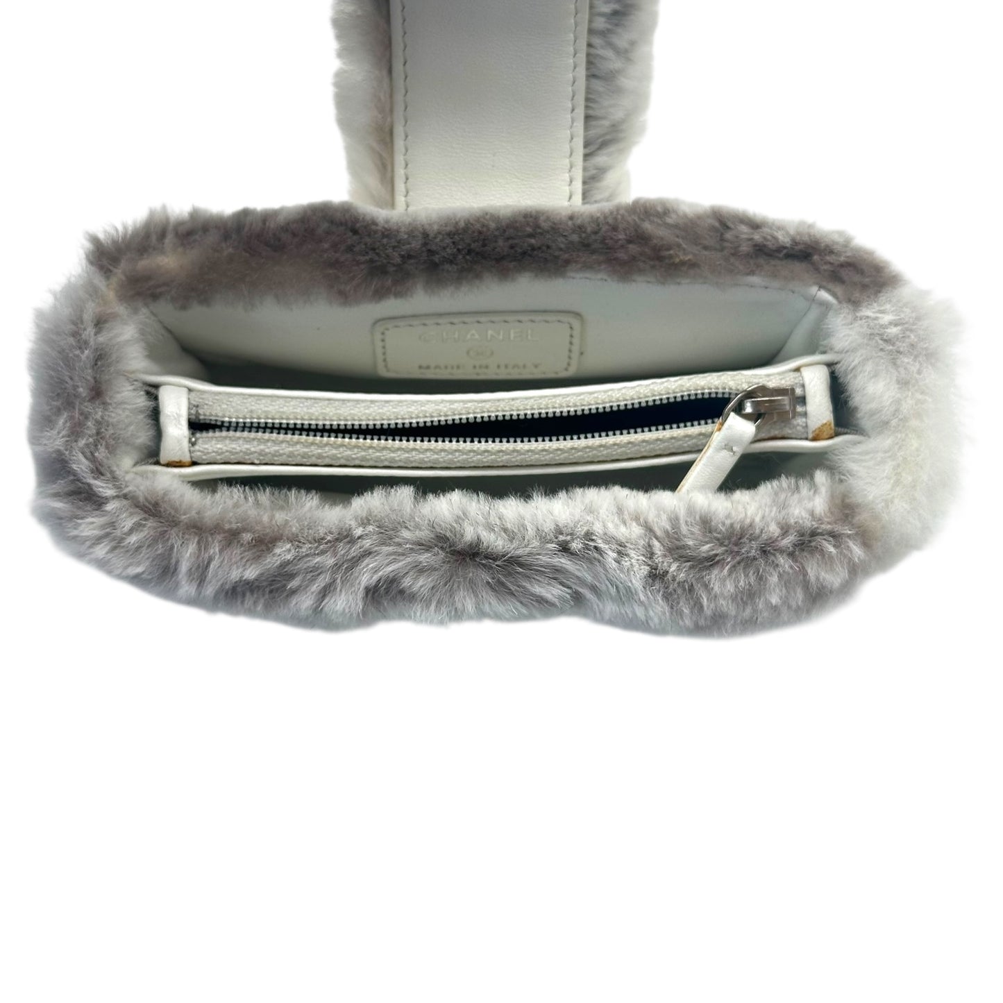 Chanel Gray Rabbit Fur Logo Clutch