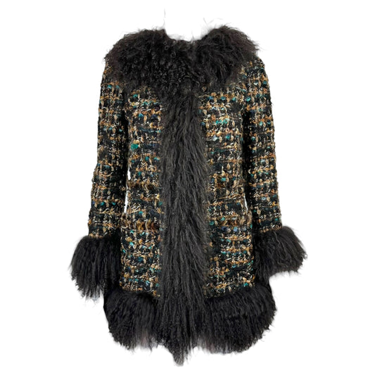 Dolce & Gabbana Brown Multicolor Tweed & Mongolian Lamb Fur Penny Lane Jacket