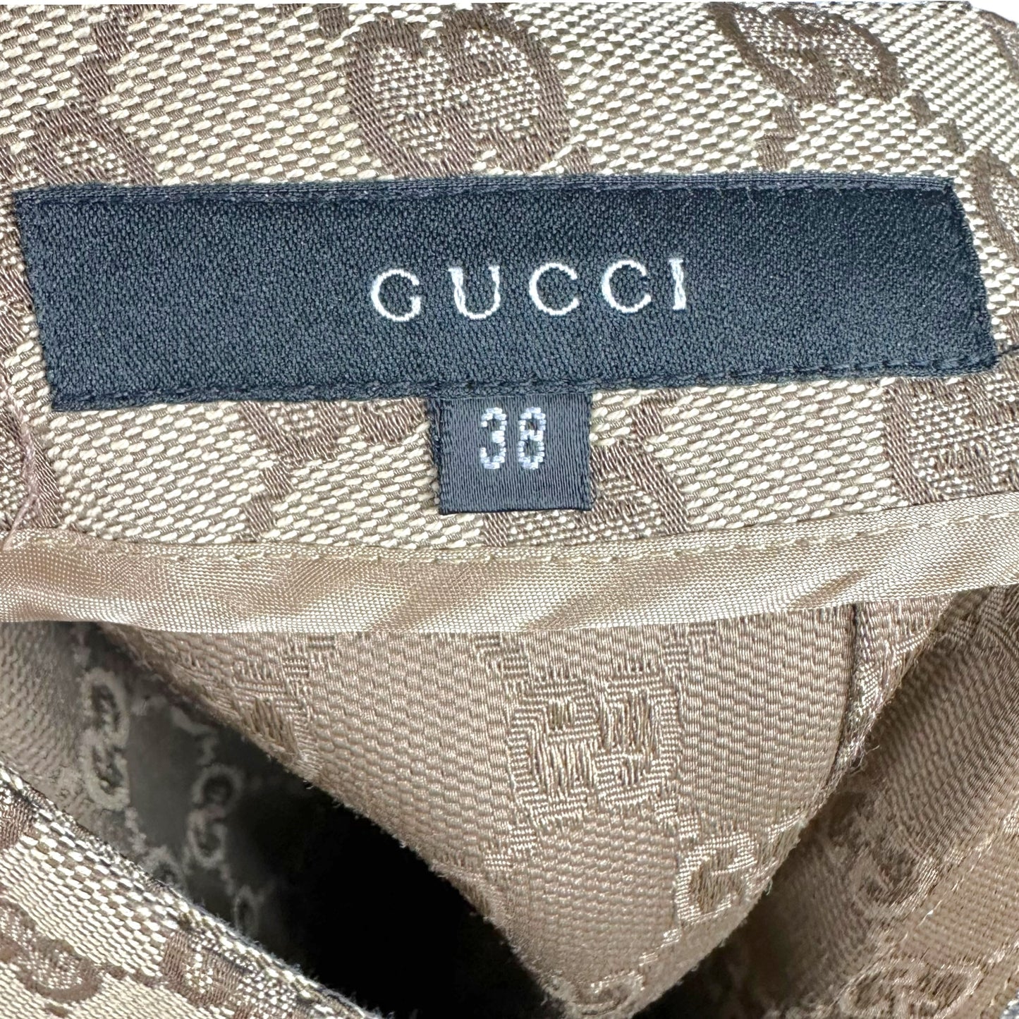 Gucci by Tom Ford 2000 Tan Monogram & Leather Midi Skirt
