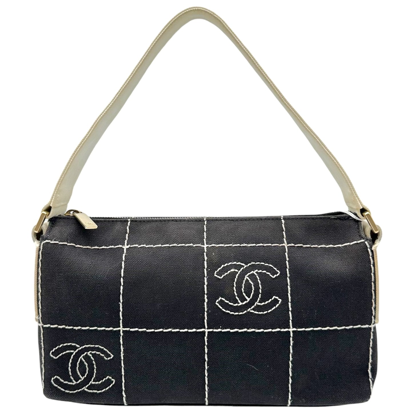 Chanel Canvas Shoulder Bag Gray White Chocolate Bar CC Logo