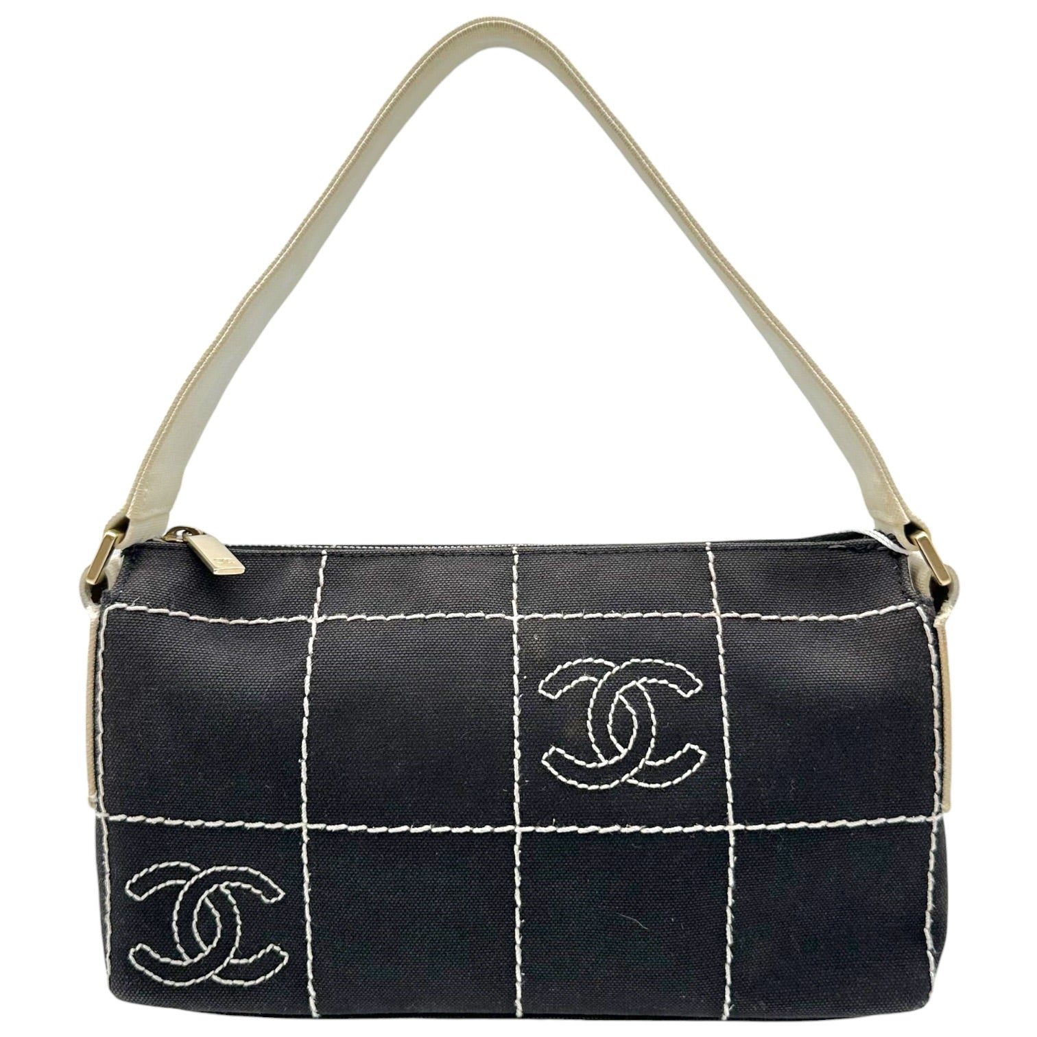 Chanel Canvas Shoulder Bag Gray White Chocolate Bar CC Logo