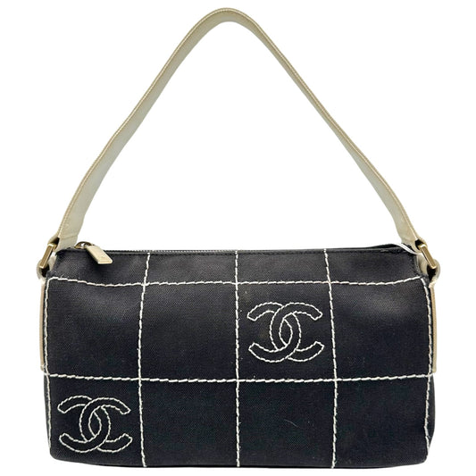 Chanel Canvas Shoulder Bag Gray White Chocolate Bar CC Logo