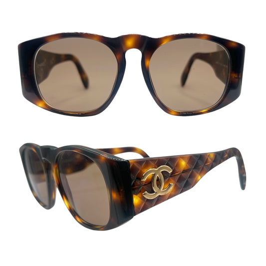 Chanel 90's 01450 Brown Tortoise Matelasse Quilted Sunglasses w/ Case