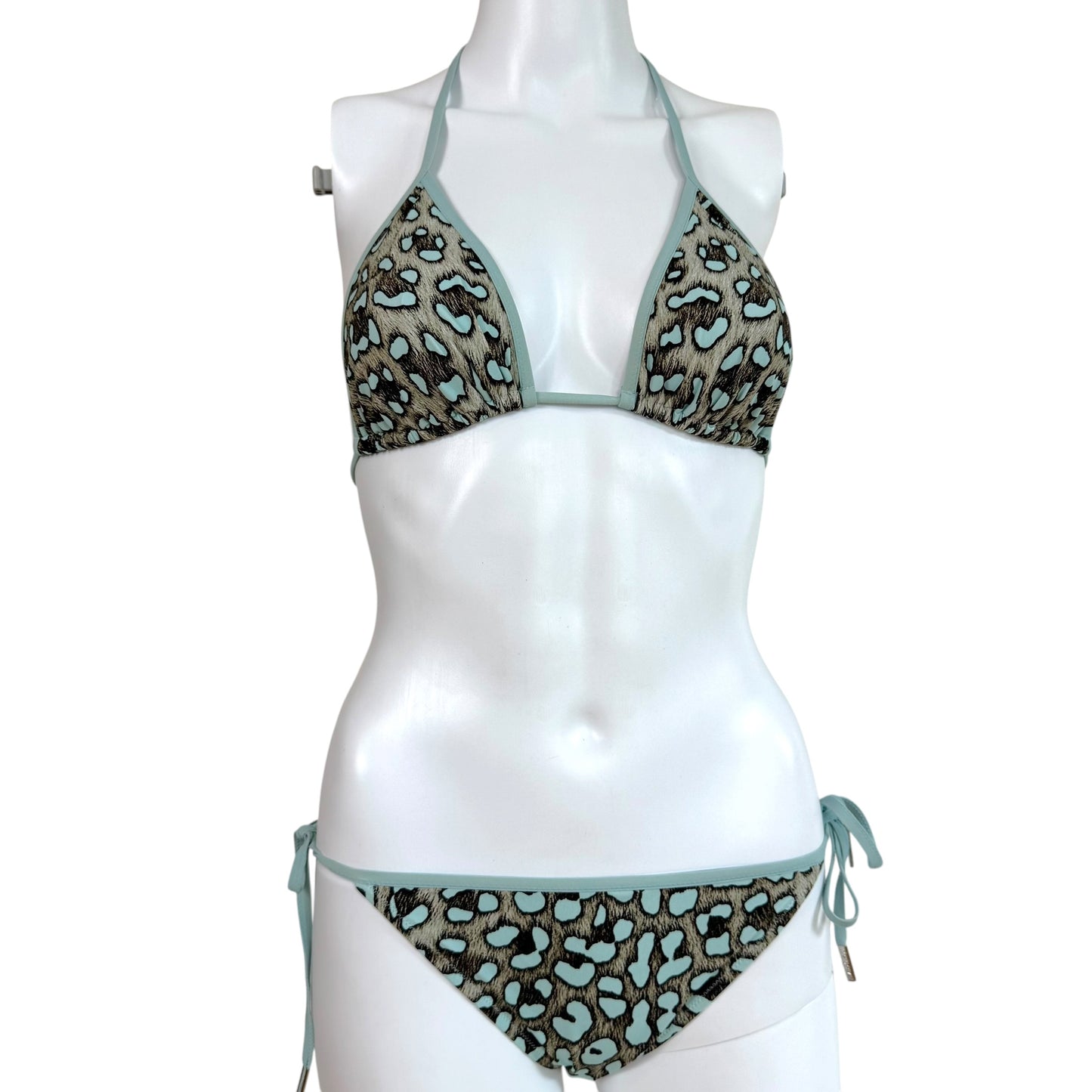 Roberto Cavalli Light Blue & Gray Leopard Print Bikini Set NEW