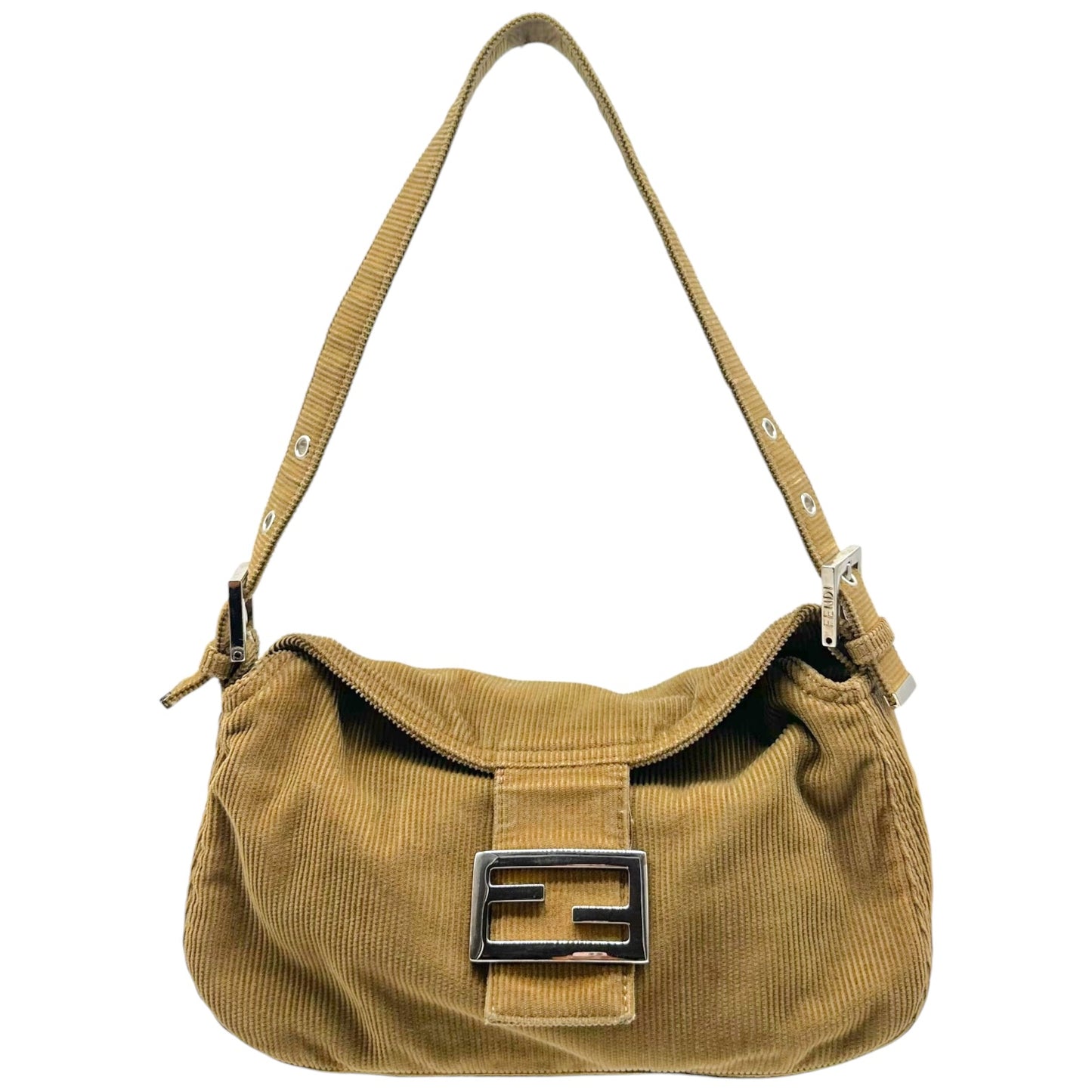 Fendi Brown Corduroy Fold-Over Square Baguette Bag