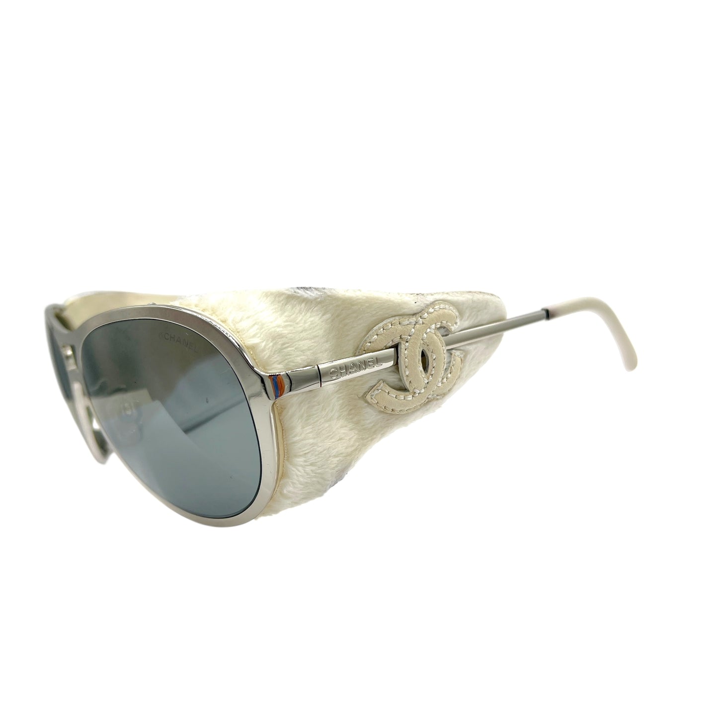 Chanel Silver & White Lambskin Detachable Side Aviator Sunglasses 50852A w/ Case RARE