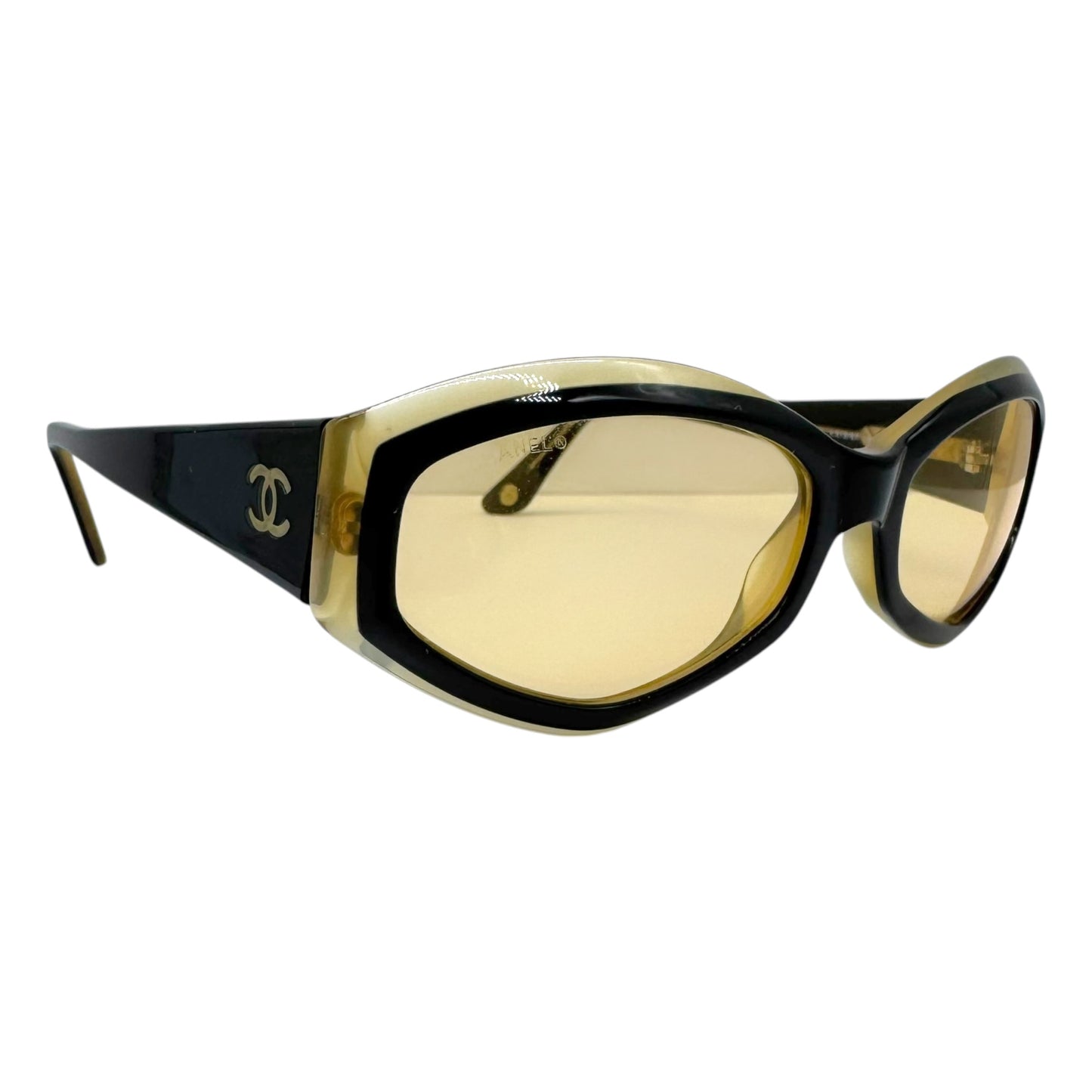 Chanel Oval Sunglasses Black Yellow Logo Arms