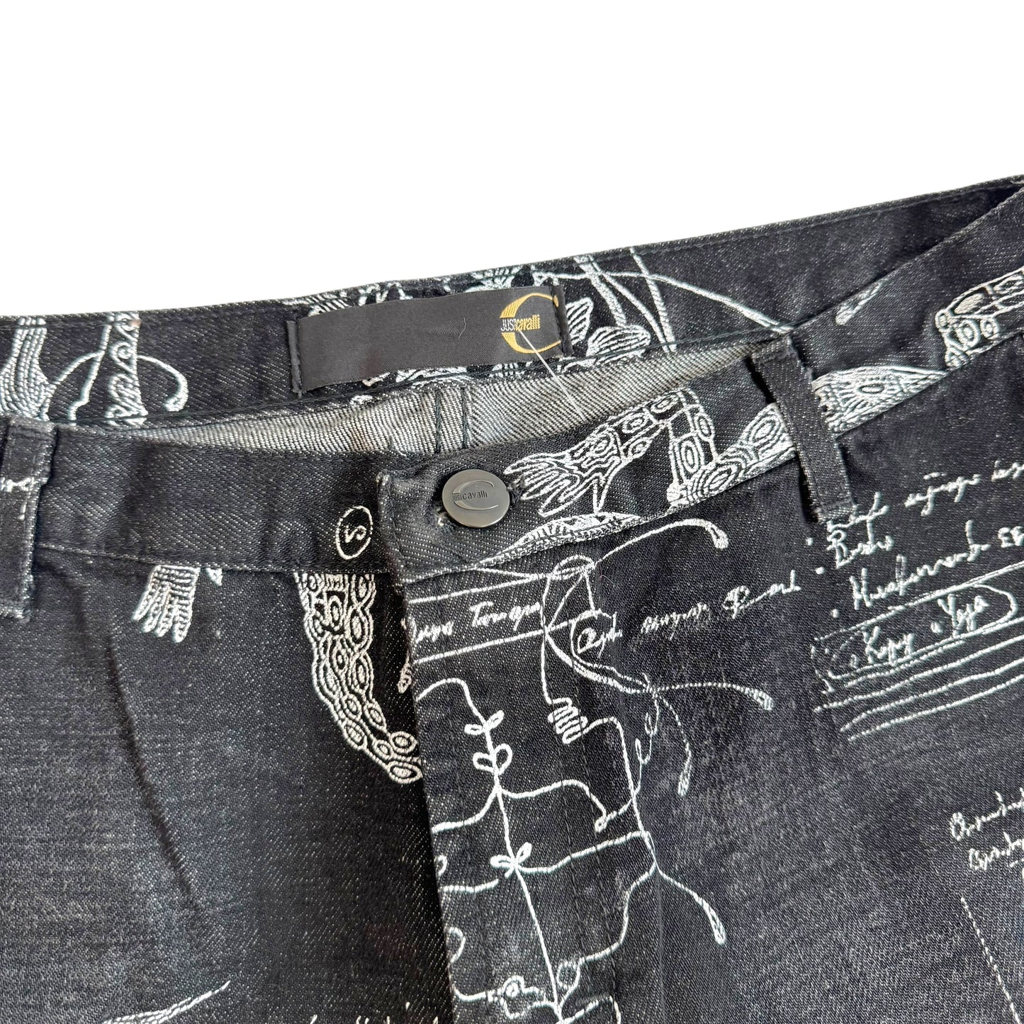 Roberto Cavalli Black White Illustration Distressed Jeans