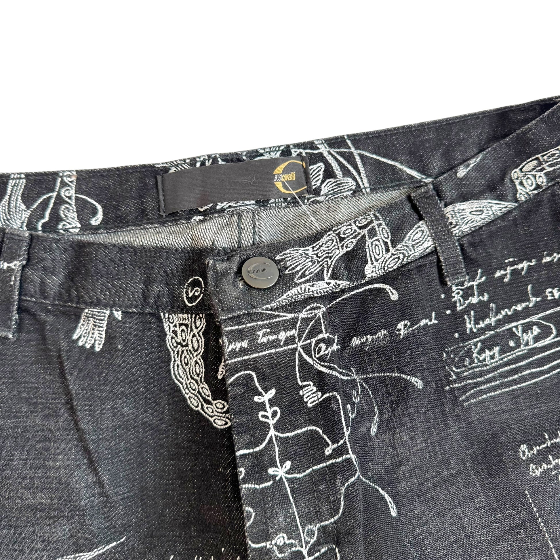 Roberto Cavalli Black White Illustration Distressed Jeans