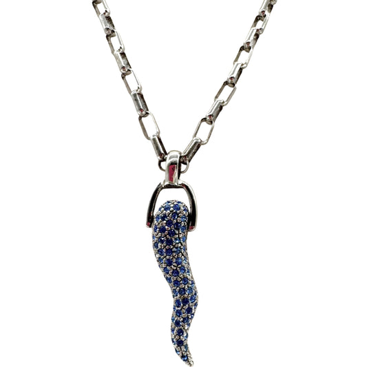 Dolce & Gabbana Sterling Silver Blue Crystal Horn Necklace
