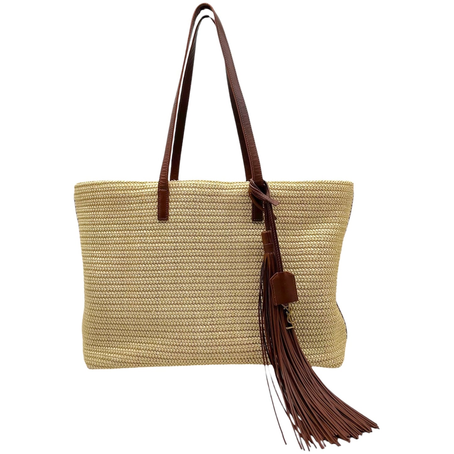 Saint Laurent Tote Bag Raffia Brown Leather Fringe Trim