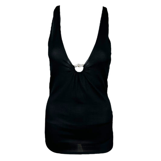 Gucci 2006 Black Knit Tank w/ Crystal Bamboo Charm