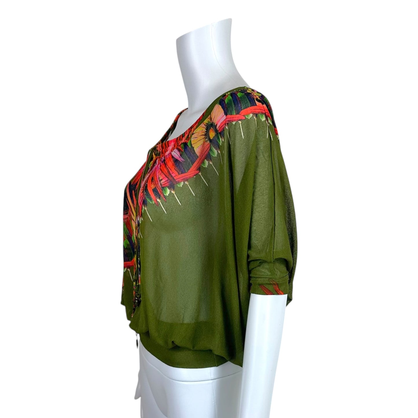 Jean Paul Gaultier Soleil Olive Green Multi Tropical Print Mesh Off-Shoulder Dolman Top