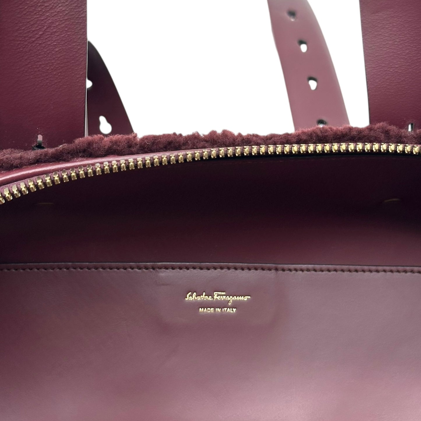Salvatore Ferragamo Burgundy Shearling & Leather Tote Bag