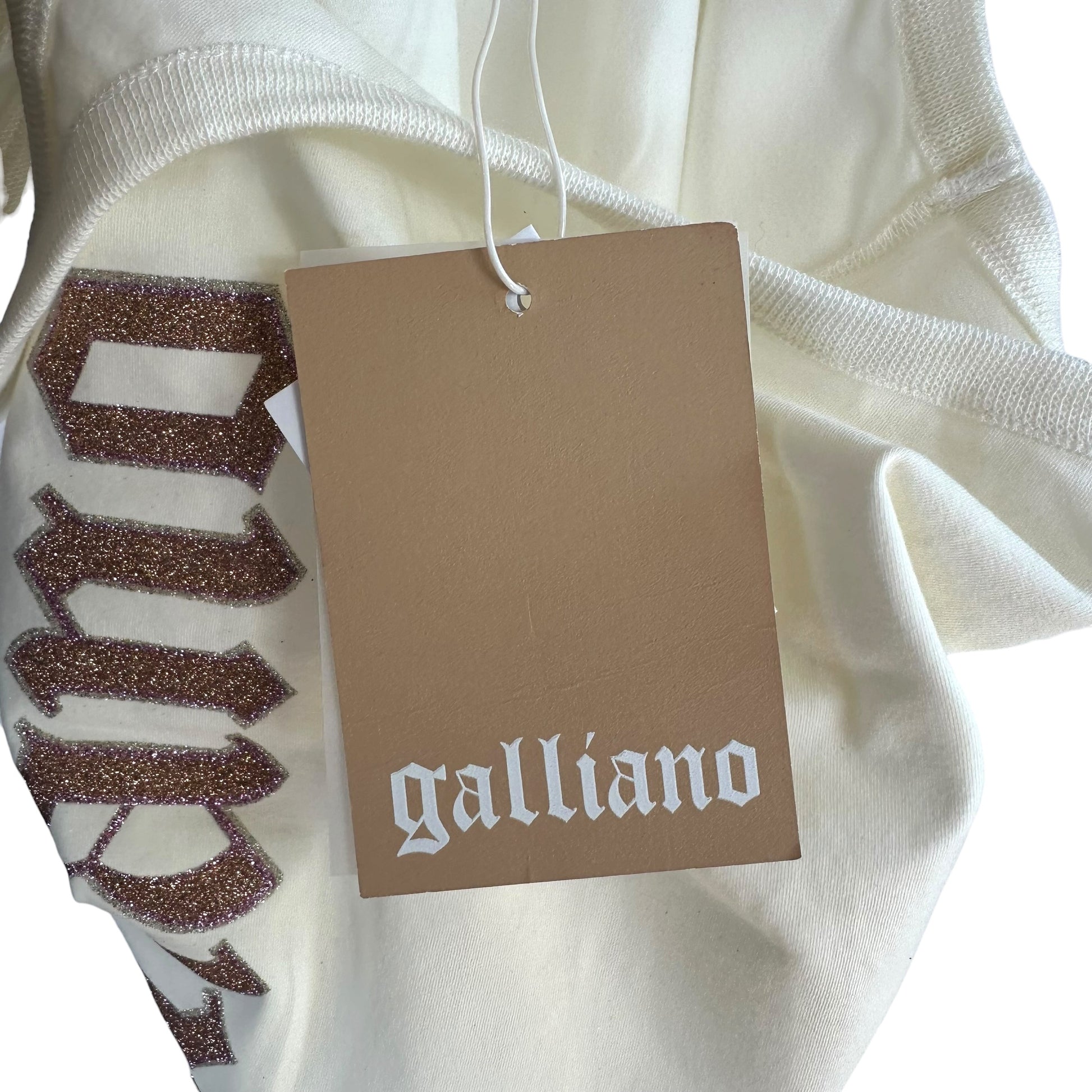 Galliano White Orange Glitter Logo Tank Top XS