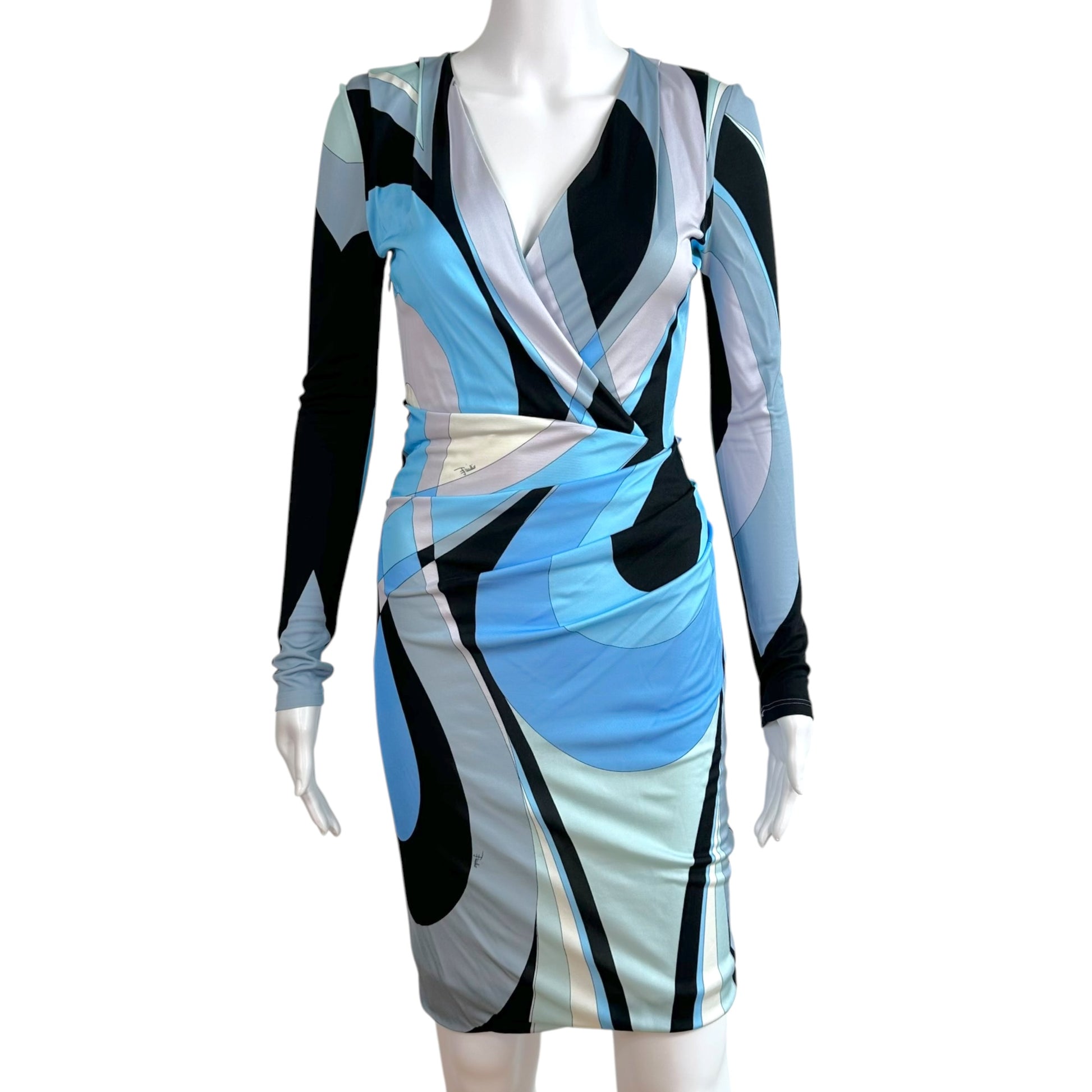 Emilio Pucci Wrap Style Midi Dress Blue Black Print