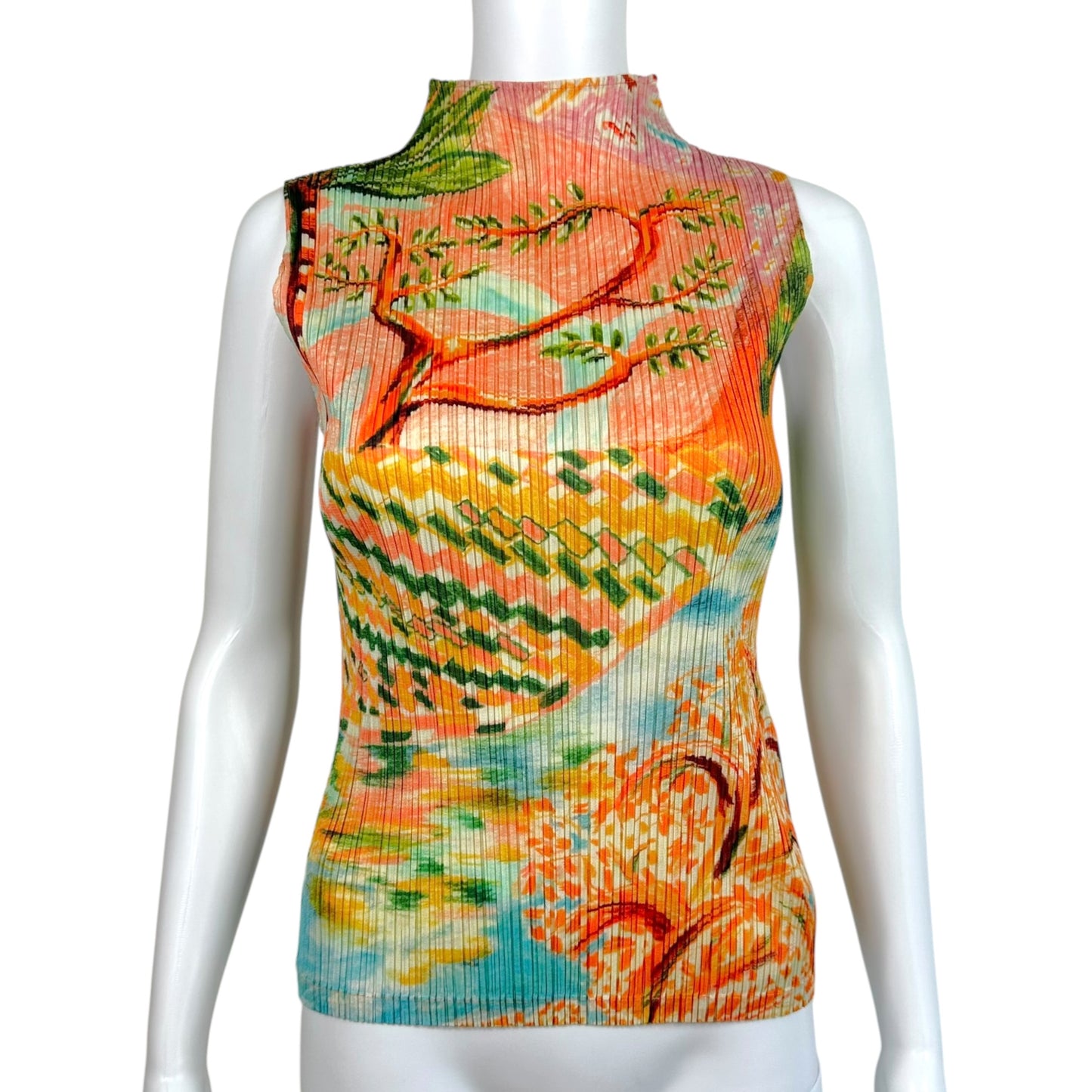Issey Miyake Pleats Please Multicolor Abstract Landscape Print Pleated Mock Neck Tank