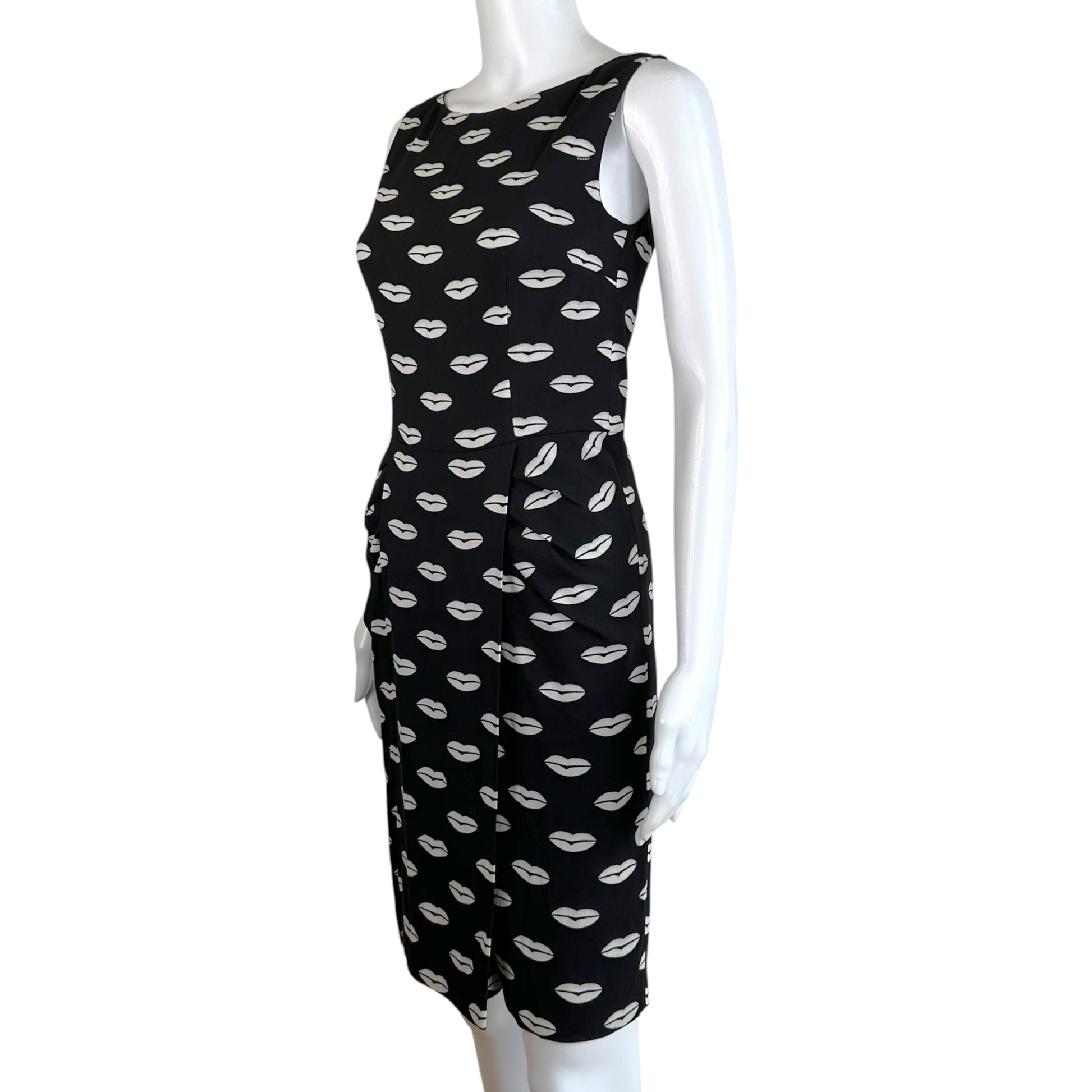 Prada A-Line Midi Dress Black White Lip Print