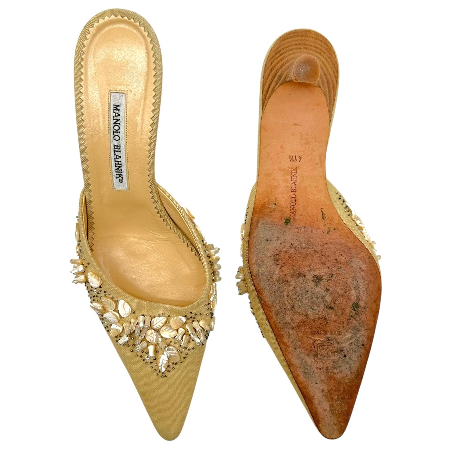 Manolo Blahnik Beige & Mother of Pearl Beaded Kitten Heel Mules