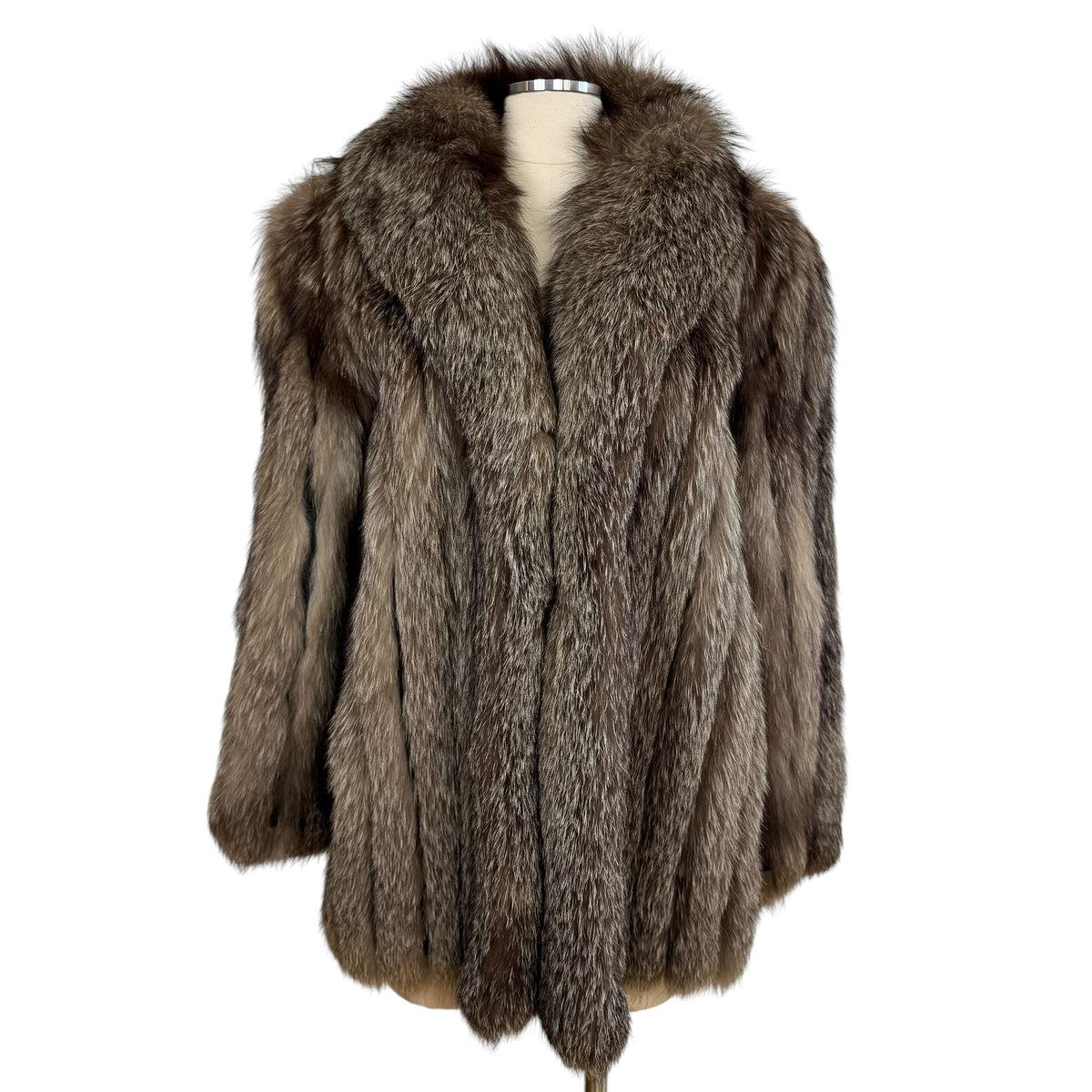 Saga Silver Fox Fur Coat Brown Gray Open Front 1990s
