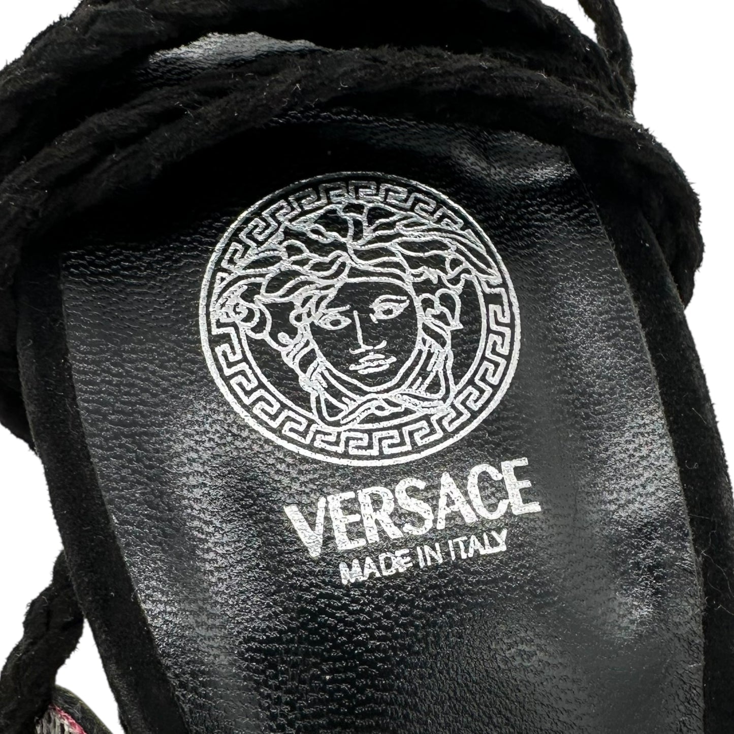 Versace Black Suede Embroidered Wrap Heels