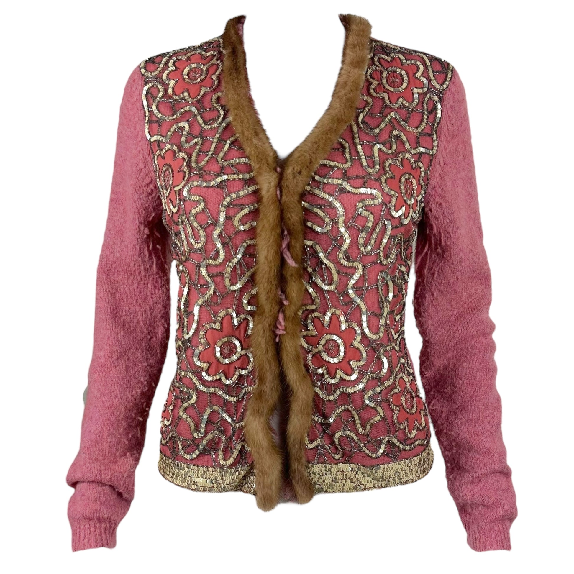 Blumarine Pink Beaded Rabbit Fur Trim Cardigan - Outfit Repeater