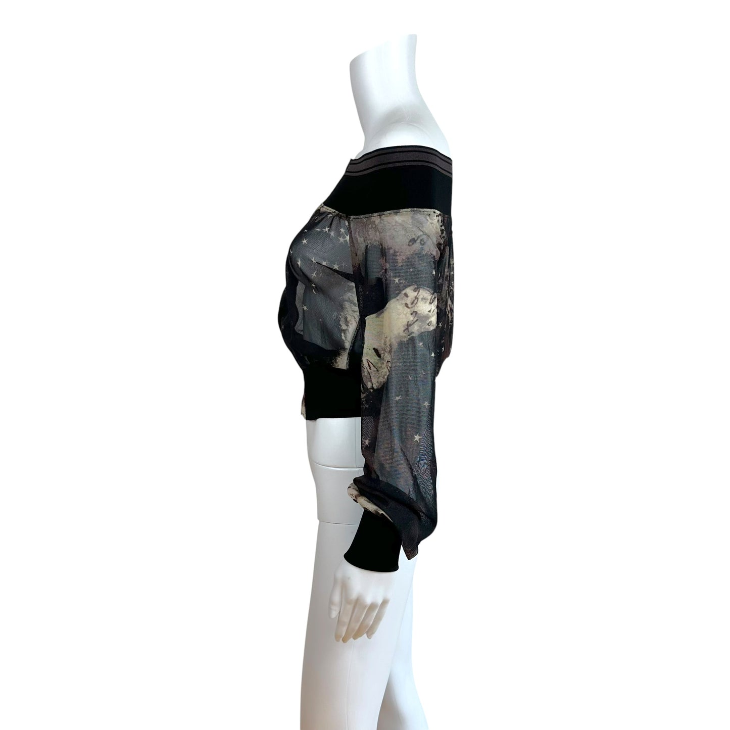 Jean Paul Gaultier Off Shoulder Black & Gray Star Print Mesh Zip-Up Top