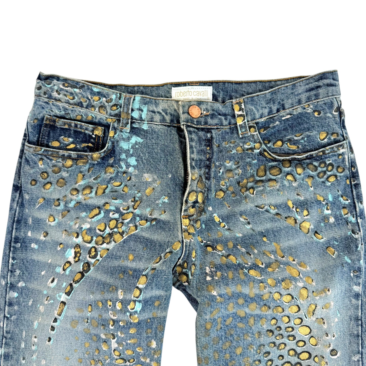 Roberto Cavalli Gold & Blue Spotted Painted Jeans