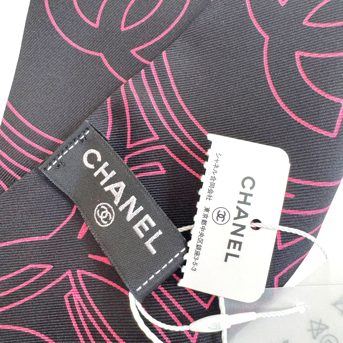 Chanel Pink & Black Logo Print Silk Twilly Scarf