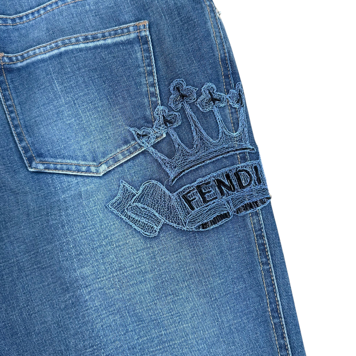 Fendi Dark Wash Denim Jeans With Beaded Logo Embroidery