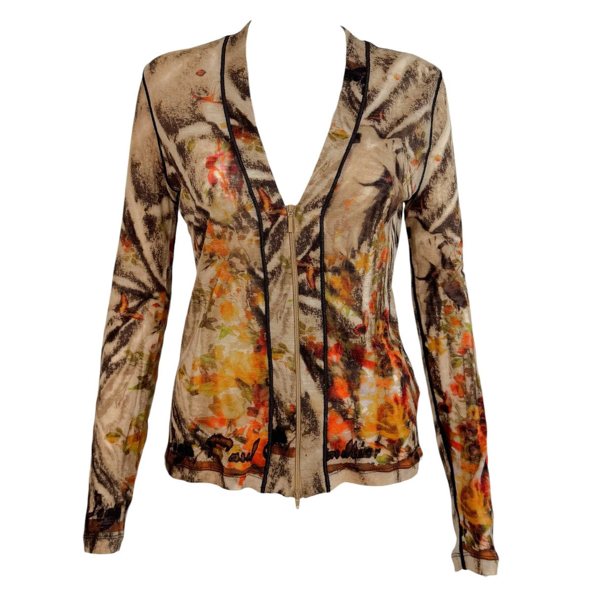 Jean Paul Gaultier Beige & Orange Printed Wool Zip-Up Sweater