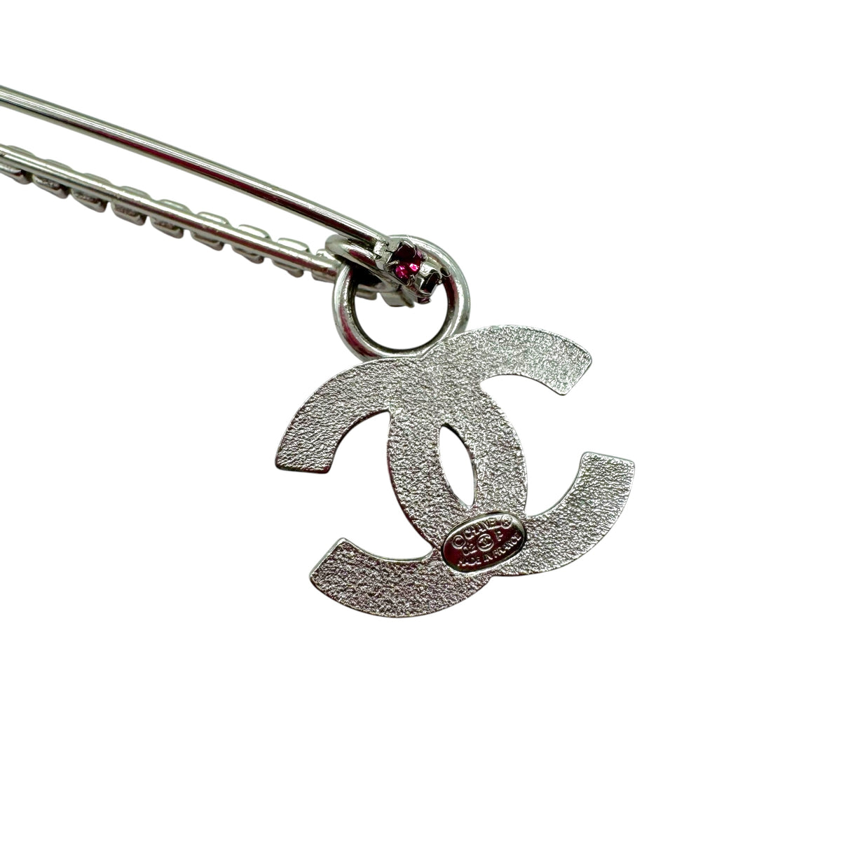Chanel Silver Pink Crystal CC Logo Safety Pin Brooch