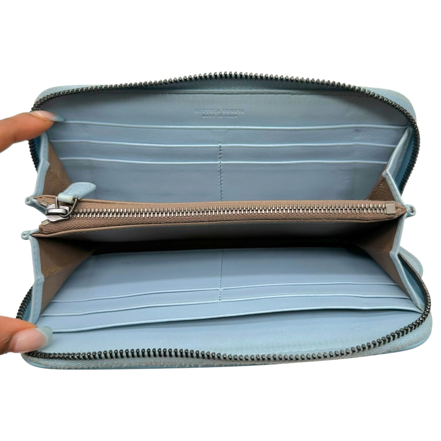 Bottega Veneta Long Zip Wallet Light Blue Intrecciato Leather
