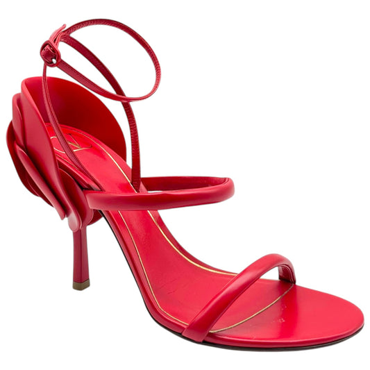 Valentino Garavani Red Leather Flower Heel Strappy Sandal Pumps