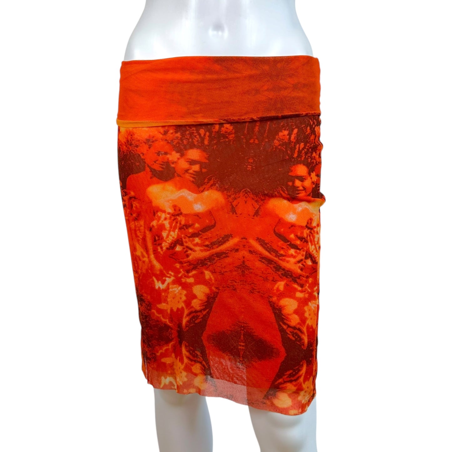 Jean Paul Gaultier Orange Hawaiian Print Mesh Midi Skirt