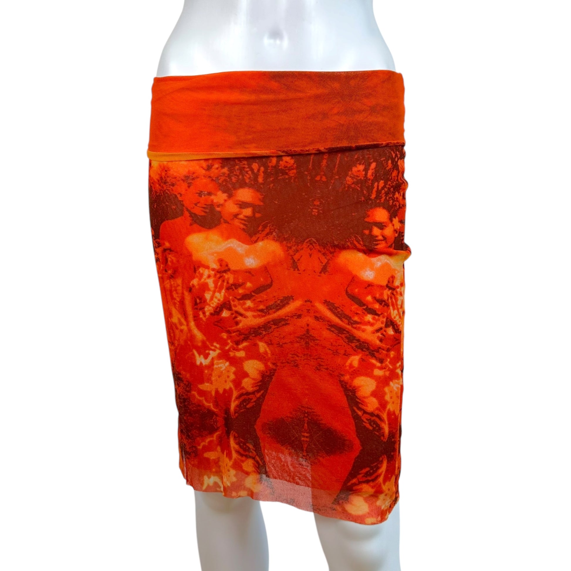 Jean Paul Gaultier Orange Hawaiian Print Mesh Midi Skirt