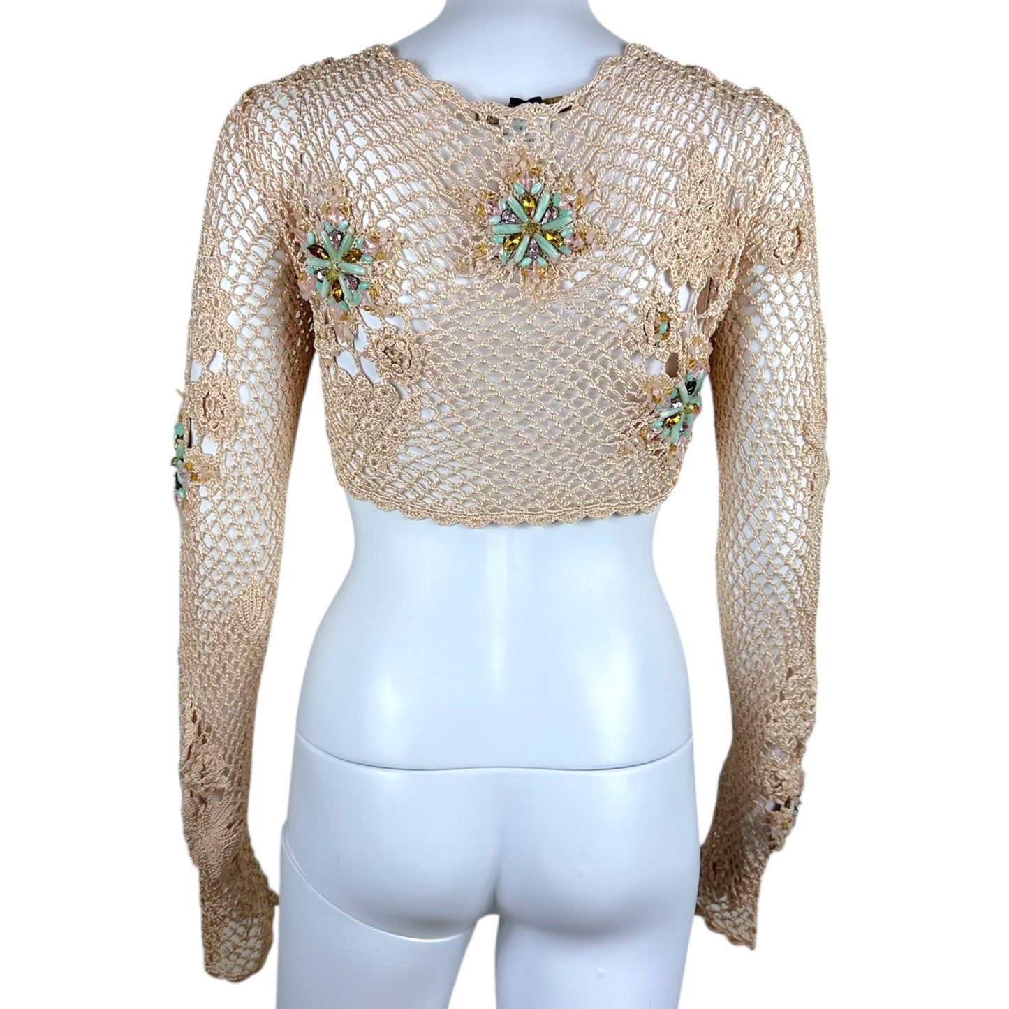 Roberto Cavalli Class Beige Knit Beaded Crop Cardigan Top - Outfit Repeater