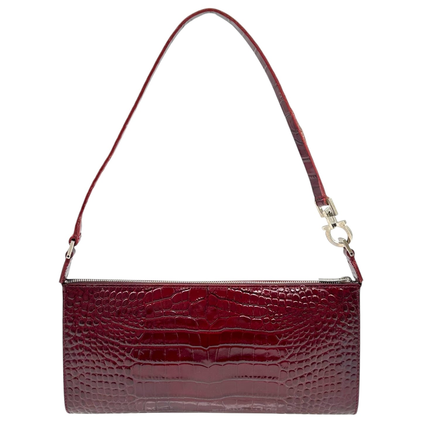Salvatore Ferragamo Burgundy Croc Embossed Patent East-West Shoulder Bag