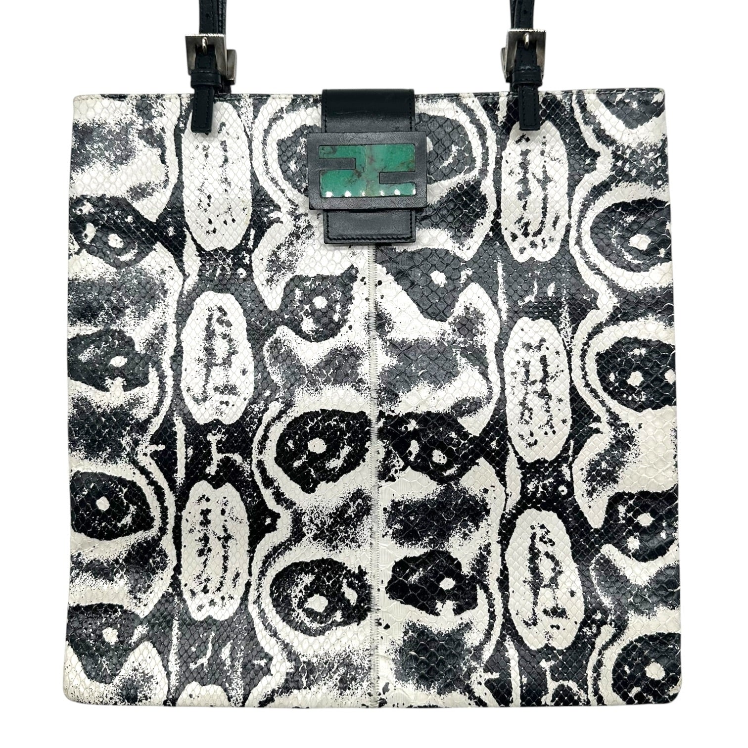 Fendi Baguette Tote Bag Black White Printed Snakeskin