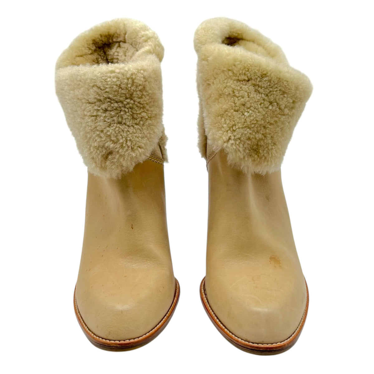 Christian Dior Beige Leather & Shearling Fold-Over Logo Heeled Booties