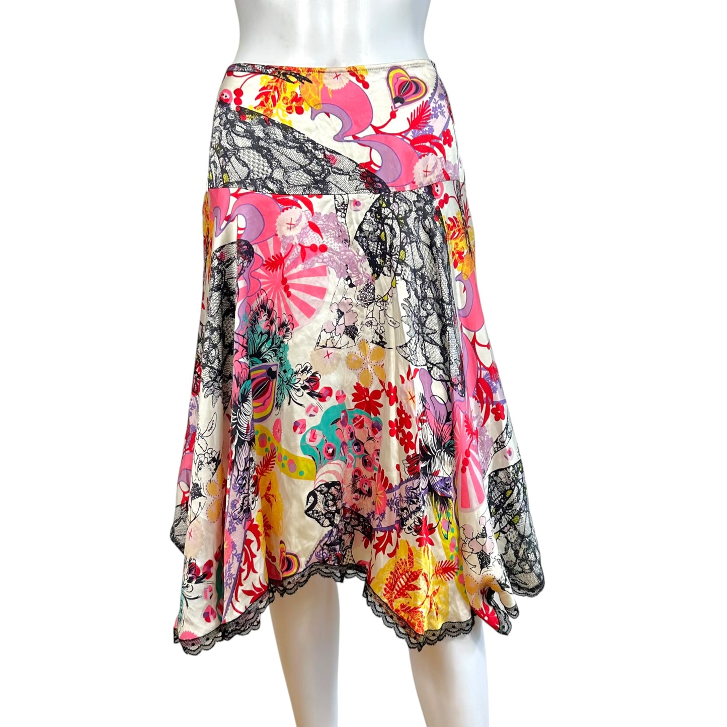 Christian Lacroix Bazaar Multicolor Floral Print Silk & Lace Midi Skirt