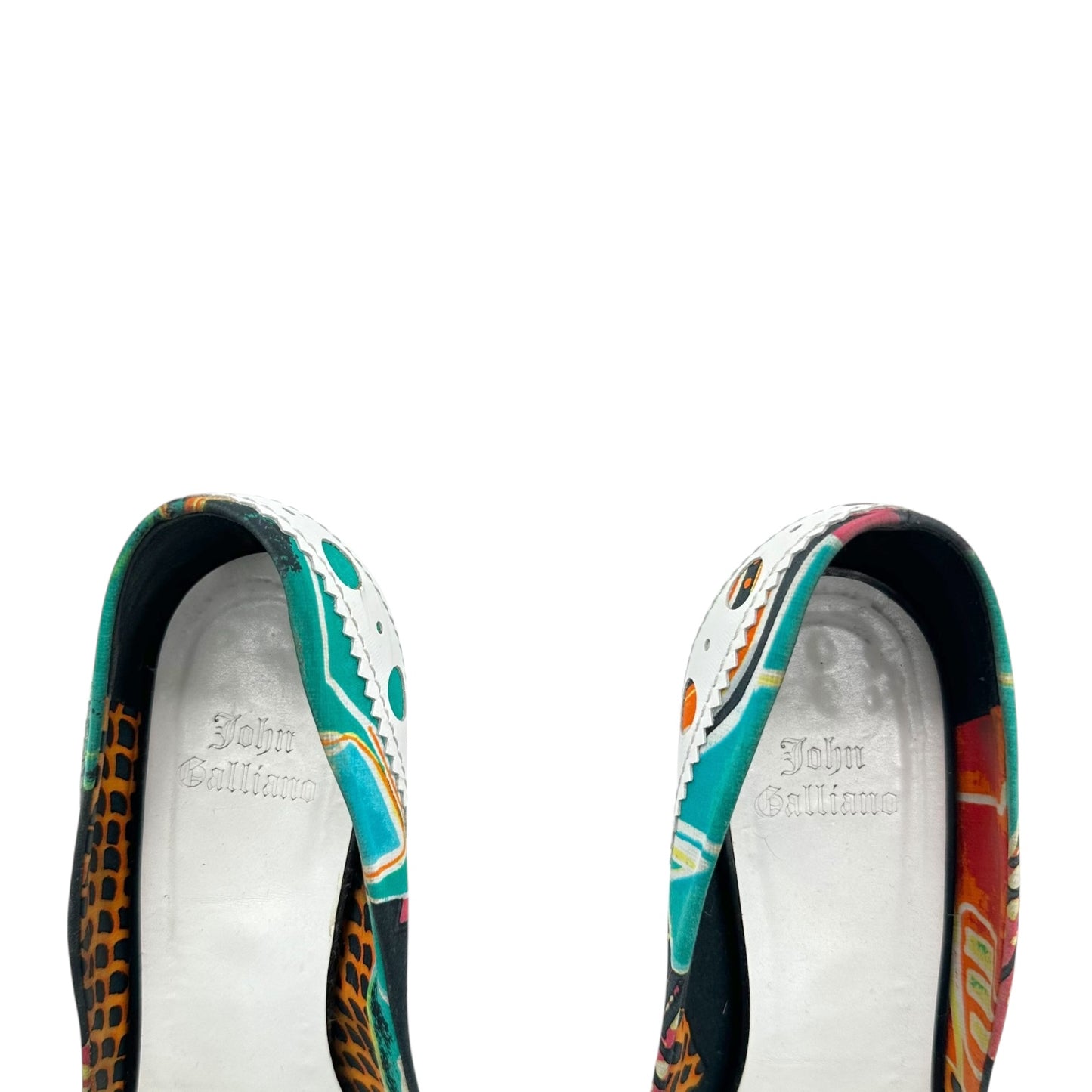 John Galliano Printed Silk & White Leather Pointed Heels