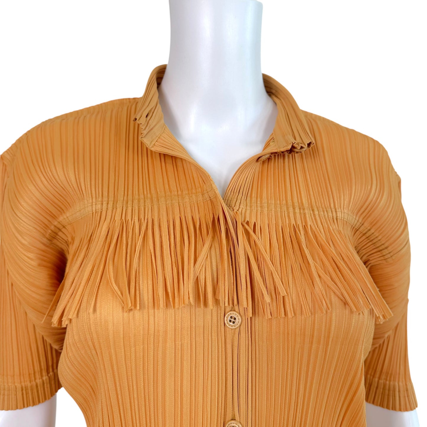 Issey Miyake Pleats Please Gold Fringe Short Sleeve Blouse